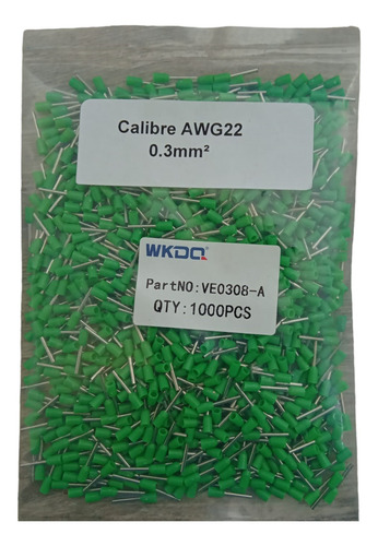 Terminal Ferrul Calibres 22 Awg 1000 Pz, Verde Ve0308 0.3mm²