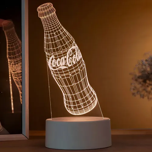 Luminária Led Garrafa De Coca-cola 3d - Abajur De Mesa Branco
