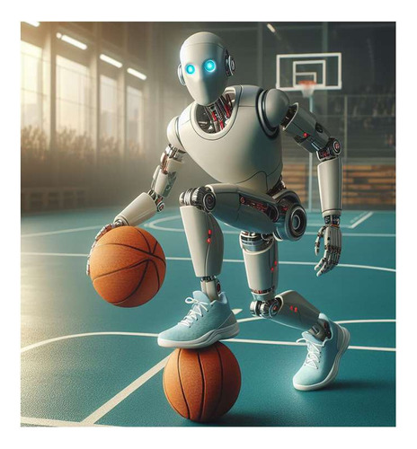 Vinilo 20x20cm Robot Jugando Basquet 2 Pelotas Basket