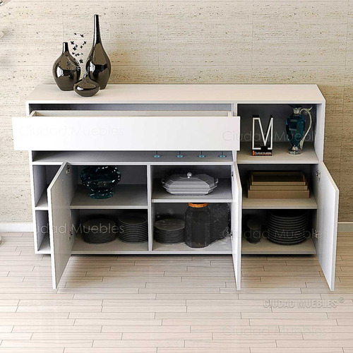 Aparador Mueble Vajillero De 140cm 10 Estantes C/ Cajon Color Gris Cuba frente Nogal