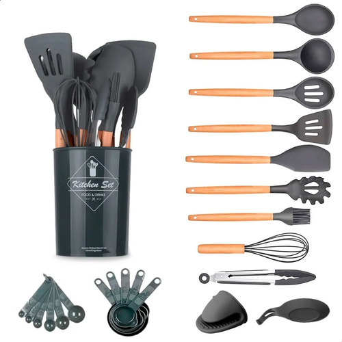 Jogo 13 Peças De Silicone/bambu Utensílios Cozinha - Madeira Cor Cinza
