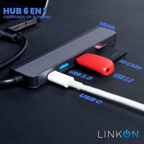 Hub Adaptador Usb Tipo C 6 En 1 Para Mac Macbook Windows Gris Claro