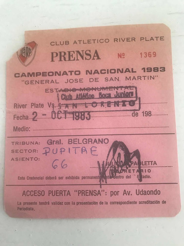 Entrada De Fútbol De Prensa Boca - San Lorenzo 1983 (Usado)
