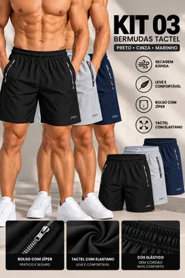 Kit 3 Bermuda Masculina Esportiva Secagem Rápida Ziper Bolso Variação 02 Lisa Gg