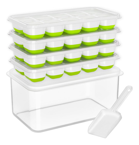 Ice Cube Tray With Lid And Bin, 4 Pack Silicone Plastic Ice