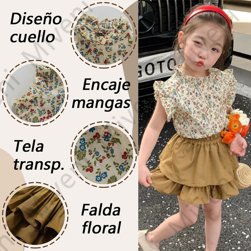 2 Piezas Conjunto Niña Top Estampado Y Falda Corta