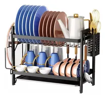 Comprar Secaplatos Escurreplatos 2 Pisos Platos Vasos De Mesada Con Bandeja Cubiertero Porta Tabla Acero Inoxidable Negro Levys Bazar Cocina Hogar
