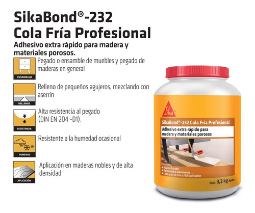 Imagen 2 de 8 de Sikabond 232 Cola Fría Profesional Secado Extra Rápido 3,2kg