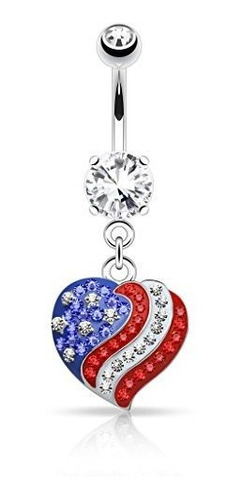 Aros - Crystal Paved American Flag Usa Heart Dangle Belly Bu