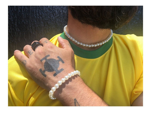 Colar Pérola Masculino Gargantilha + Pulseira Hype Ajustável Cor Branco