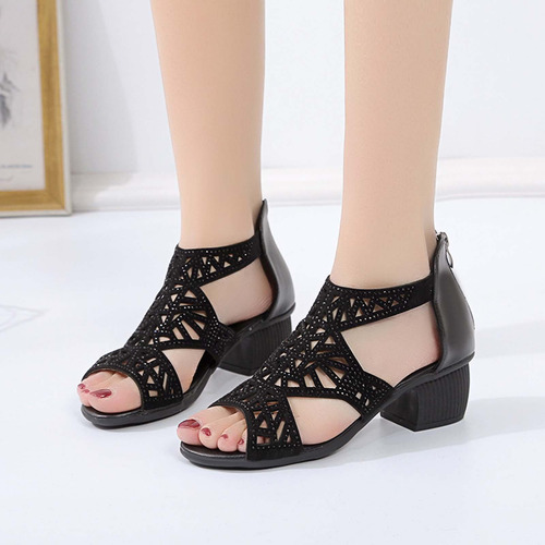 Sandalias De Tacón Medio Con Cremallera Trasera Para Mujer,