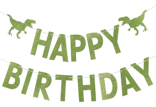 Pancarta De Cumpleaños De Dinosaurio Con Purpurina Verde, Pa