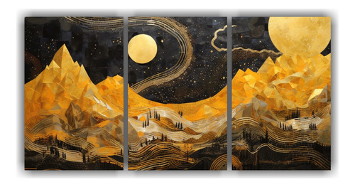 60x30cm Cuadro Tríptico Montañas Y Luna En Abstracción Fa