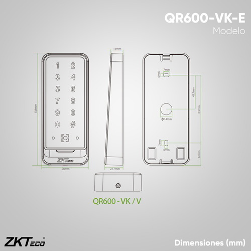 Zkteco Lector Esclavo De Tarjetas De Proximidad Id 125 Khz Modelo Qr600-vk-e / Lectura De Contraseñas , Qr Y Tarjetas Id / Protección Ip65 / Comunicación Wiegand Y Rs485