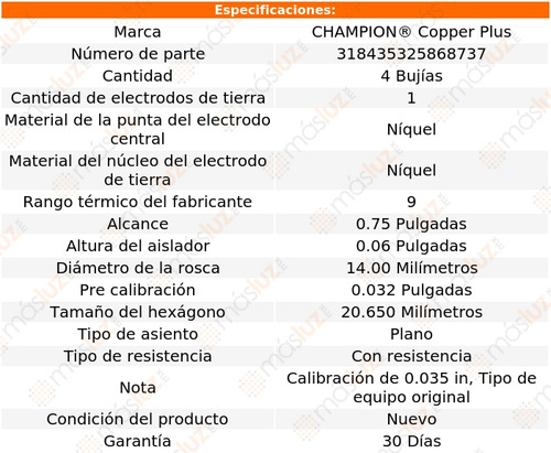 4 Bujías Kit Copper Plus Skyhawk L4 1.8l 82/86 Champion