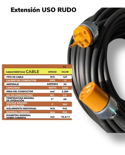Extension Cable Uso Rudo 10 Metros C. 12 Reforzada (10 Pzas)