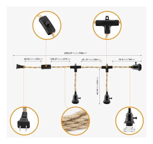 Lmpara Colgante De Cuerda De Camo, 25ft, 3 Luces, Con Interr