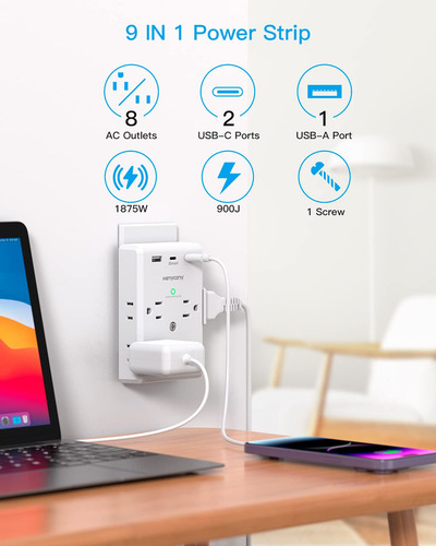 Extensor De Toma De Corriente MĂșltiple Con Puertos Usb C