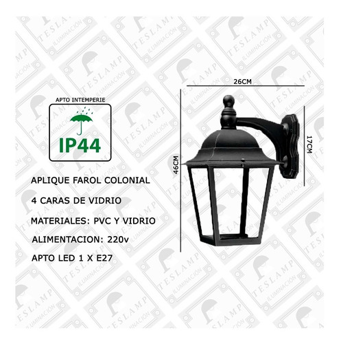 Imagen 2 de 6 de Aplique Farol Exterior Colonial Pvc Y Vidrio Apto Led