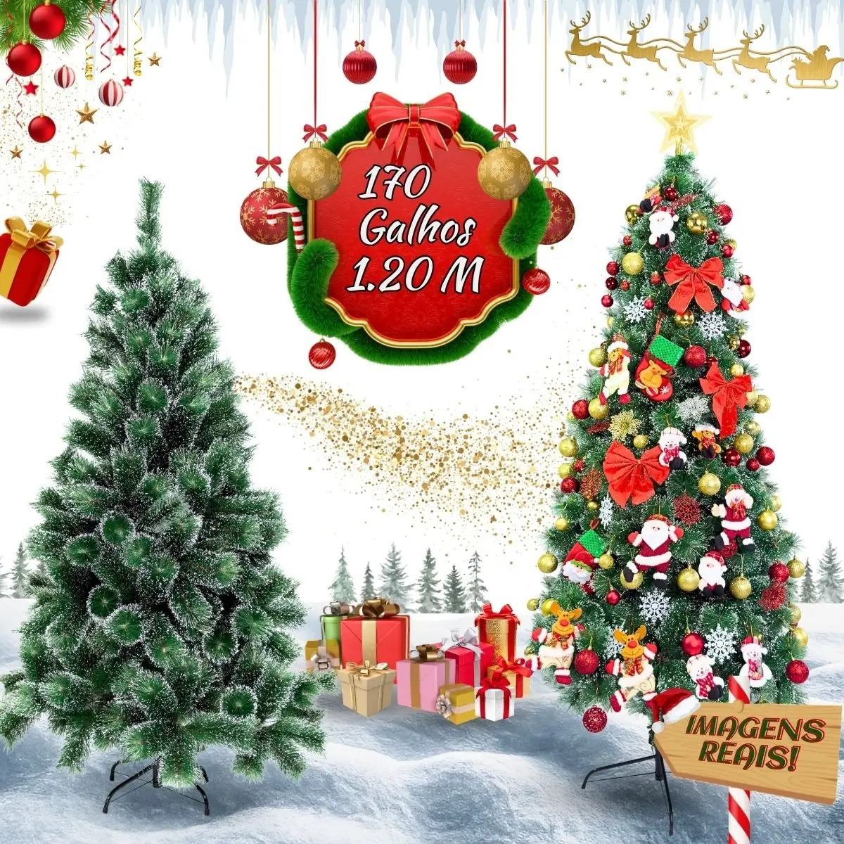 Árvore De Natal 1.20m Pompom Verde Toque De Neve Luxo Cheia