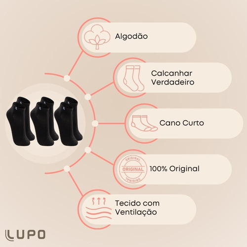 Kit 6 Pares Meias Masculina Lupo Cano Curto Algodão