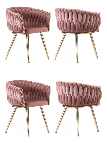 Set De 4 Sillas Acanaladas De Terciopelo Tejido Pata Dorada Terciopelo Dorado Rosa