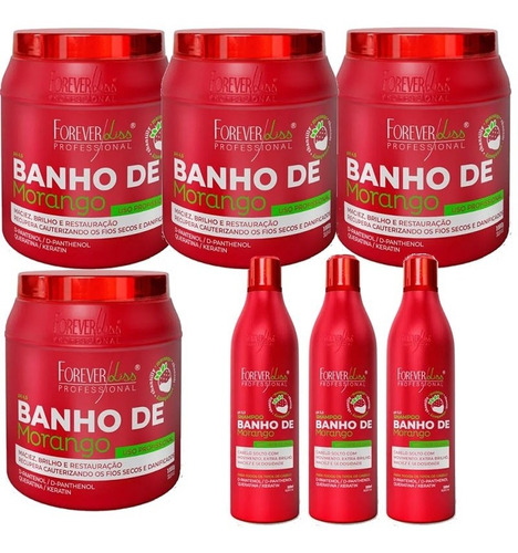 Kit 4 Máscaras 1kg E 3 Shampoos Banho Morango - Forever Liss