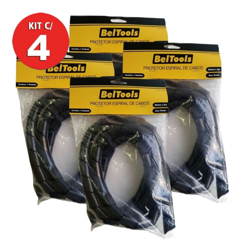 Kit 4 Protetor Cabos Espiral 20mm X 2 Metros Preto Beltools