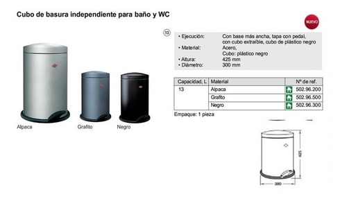 Cubo Cesto Residuos Wesco-hafele Cod.502.96 13l. Negro
