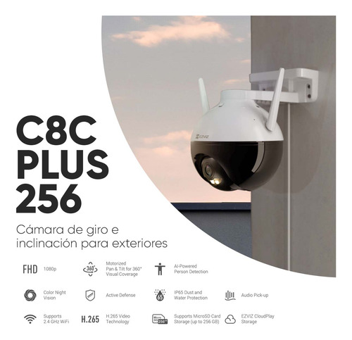 Ezviz Cámara C8C-PLUS-256 PT IP 2MP WiFi Con MicroSD De 256GB + Deteción Humana Con Seguimiento Inteligente Y Vision Nocturna a Color Campo Visual de 360° Protección IP65 Para Uso Exterior C8C