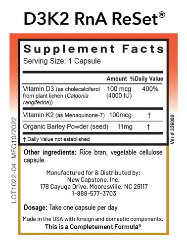Rna Reset Suplemento Vitamina D3 4000 Ui Y K2 60 Cápsulas