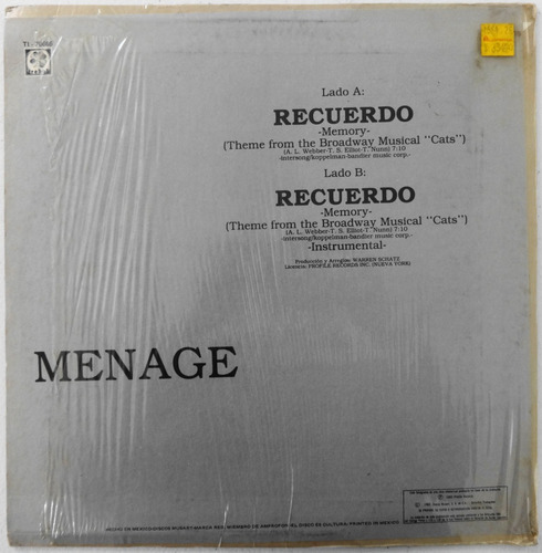 Memory (theme From The Broadway Musical Cats) Menage Disco (Usado)