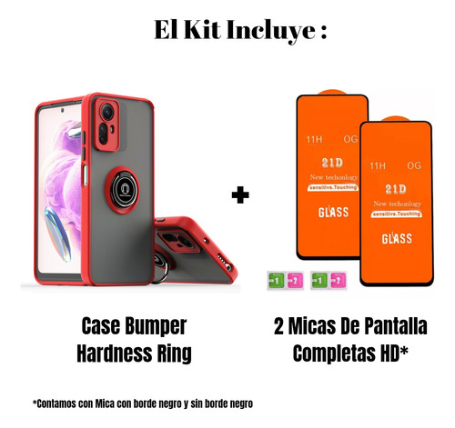 Case Hardness Ring Rojo Para Xiaomi Redmi Note 12s + 2 Micas