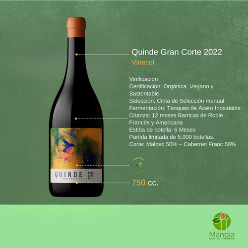 Vino Quinde Gran Corte Blend Orgánico Vinecol De 750 Cc