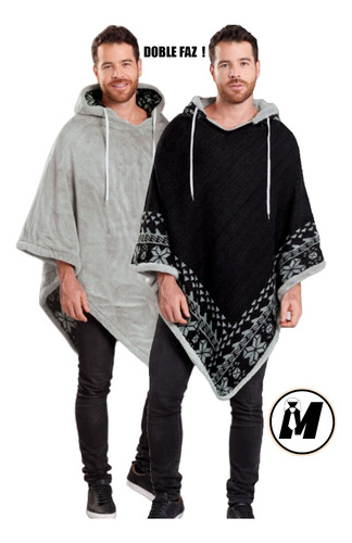 Ruana Poncho Hombre Doble Faz Liviana Urbana Con Capota
