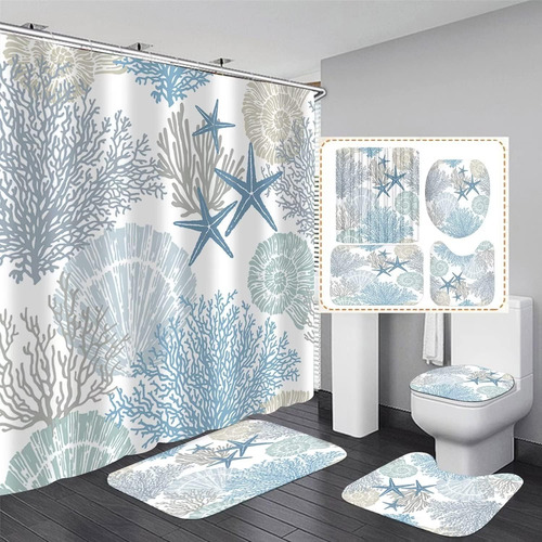 Juego De 4 Cortinas De Ducha De Playa, Juego De Baño Azul Y