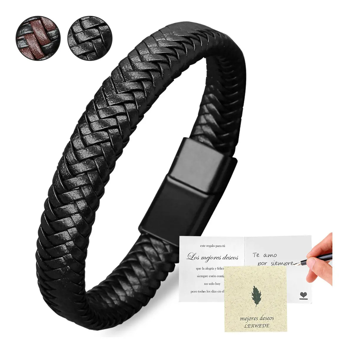 Imagen de Leawede Pulsera Tejer Cuero Hombre Caballero Acero Inoxidable Broche Pulseras hombre,Regalo de graduación,Regalos para hombres