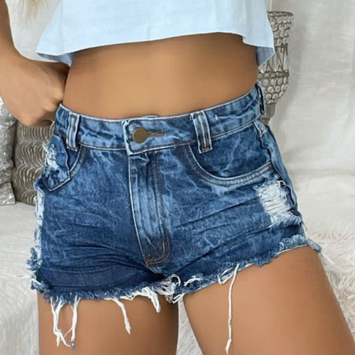 Imagem 2 de 4 de Shorts Jeans Hot Pants Feminino Cintura Alta Desfiado St006