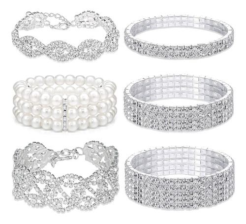 Juego De 6 Pulseras Elásticas De Diamantes De Imitaciã...