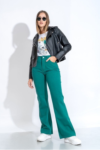 Jeans Wide Legs Verde Full Tendencia Rigido