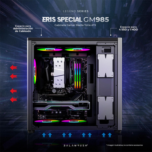 Gabinete especial para jogadores Balam Rush Eris Gm985 de meia torre de vidro temperado cinza Br-935654