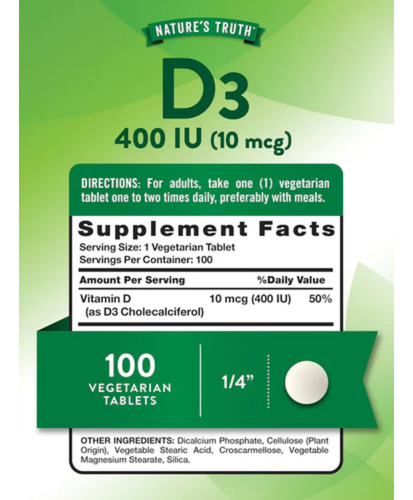 Nature's Truth Suplemento de Vitamina D3 10 mcg 400UI por cada tableta Frasco con 100 Tabletas Sin sabor para 3 meses