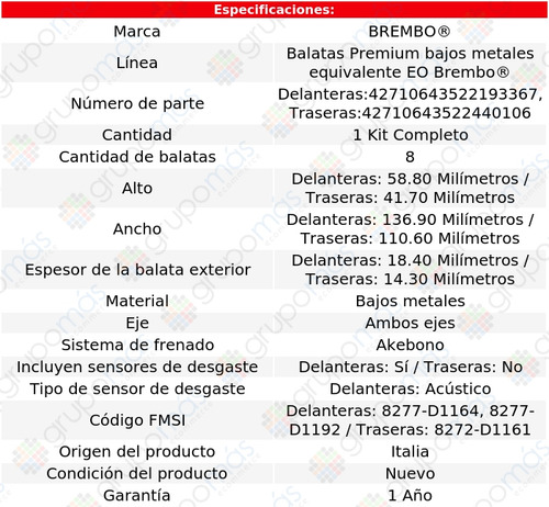 Set Balatas Bajos Metales Delanteras Y Traseras Mkz 07