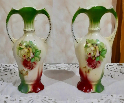 Antiguo Par De Ánforas De Porcelana Alemana 26cm Alto 