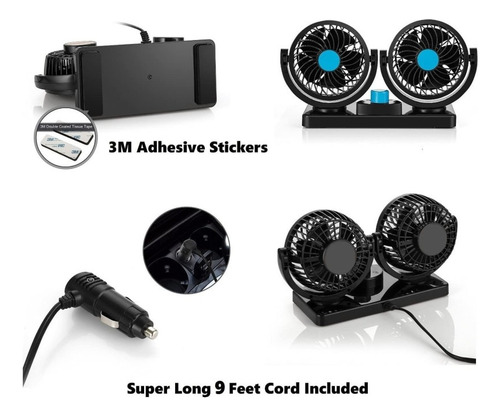 Mini Ventilador Doble 4 Pulgadas 360° 5 Aspas 12v Para Auto 11 Cm Negro Negro Plástico 5