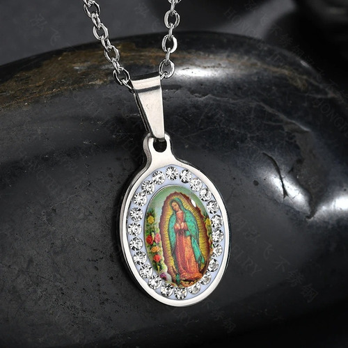 Collar Acero Inoxidable Virgen Guadalupe Dorado Zirconia