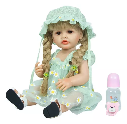 Boneca Bebê Reborn Menina Loira Toda Silicone Original 55 Cm