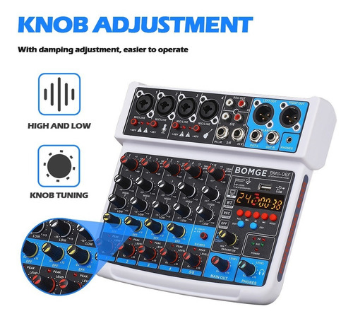 Imagen 3 de 7 de Bomge 06f 6 Channel Dj Mixer Usb /bluetooth/48v /dsp White