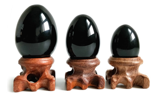 Esfera De Huevo De Obsidiana Negra Con Soporte De Madera Par