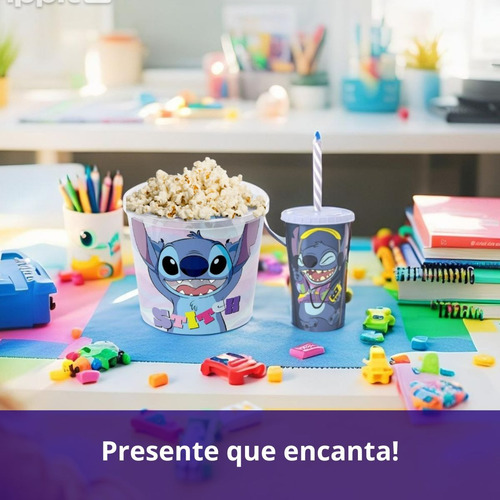 Kit Balde Grande Pipoca 2,1l Copo Canudo 500ml Stitch Azul